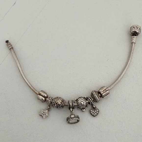 Pandora Silver Snake Charm Bracelet with Heart , Tiara, & Star - Picture 1 of 4